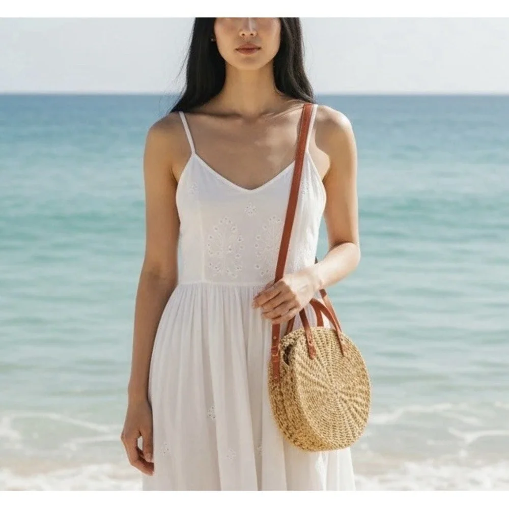 M Heart Round Circle Tote Bag Boho Beach Crossbody Natural Woven Papyrus 12.5